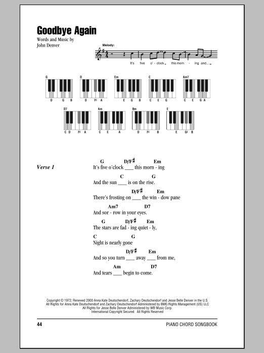 John Denver Goodbye Again sheet music notes and chords arranged for Piano Chords/Lyrics