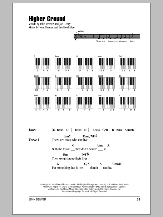 John Denver Higher Ground sheet music notes and chords arranged for Ukulele Chords/Lyrics