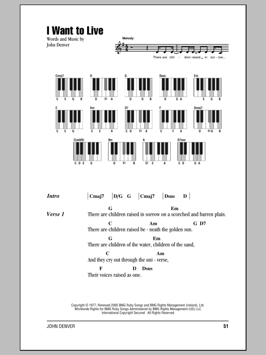 John Denver I Want To Live sheet music notes and chords arranged for Ukulele Chords/Lyrics