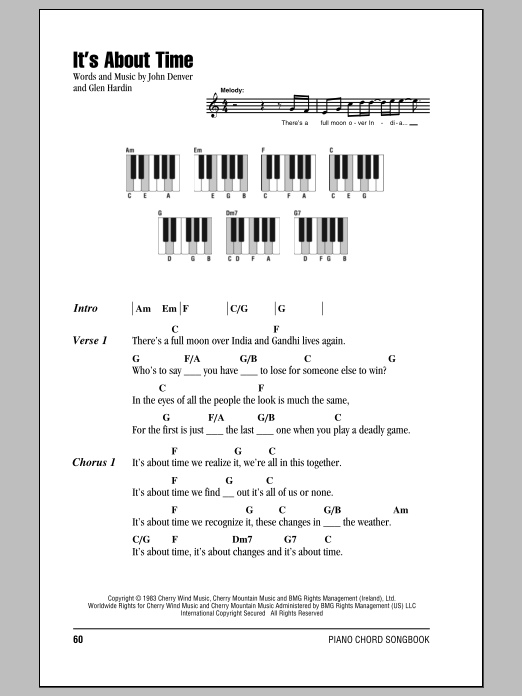 John Denver It's About Time sheet music notes and chords arranged for Piano Chords/Lyrics