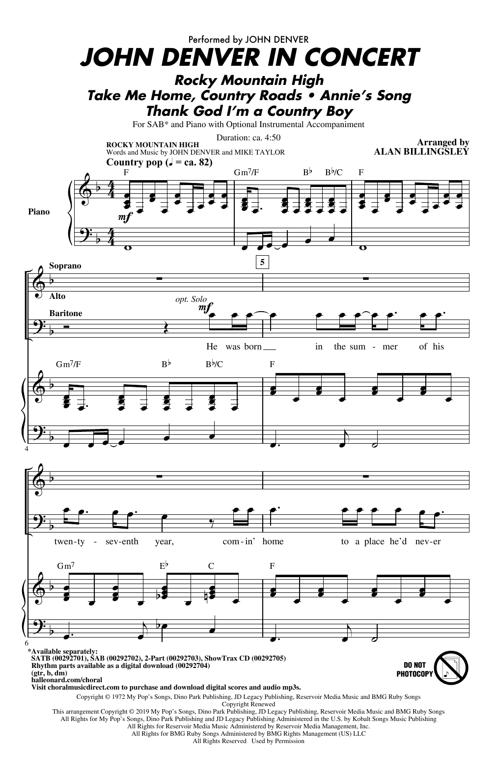 John Denver John Denver In Concert (arr. Alan Billingsley) sheet music notes and chords arranged for SATB Choir