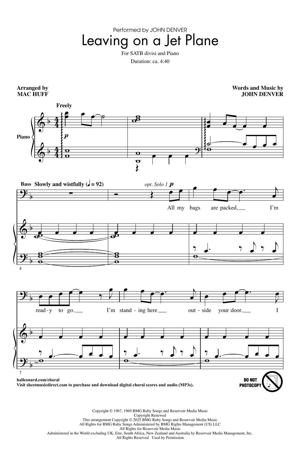 John Denver Leaving On A Jet Plane (arr. Mac Huff) sheet music notes and chords arranged for SATB divisi Choir