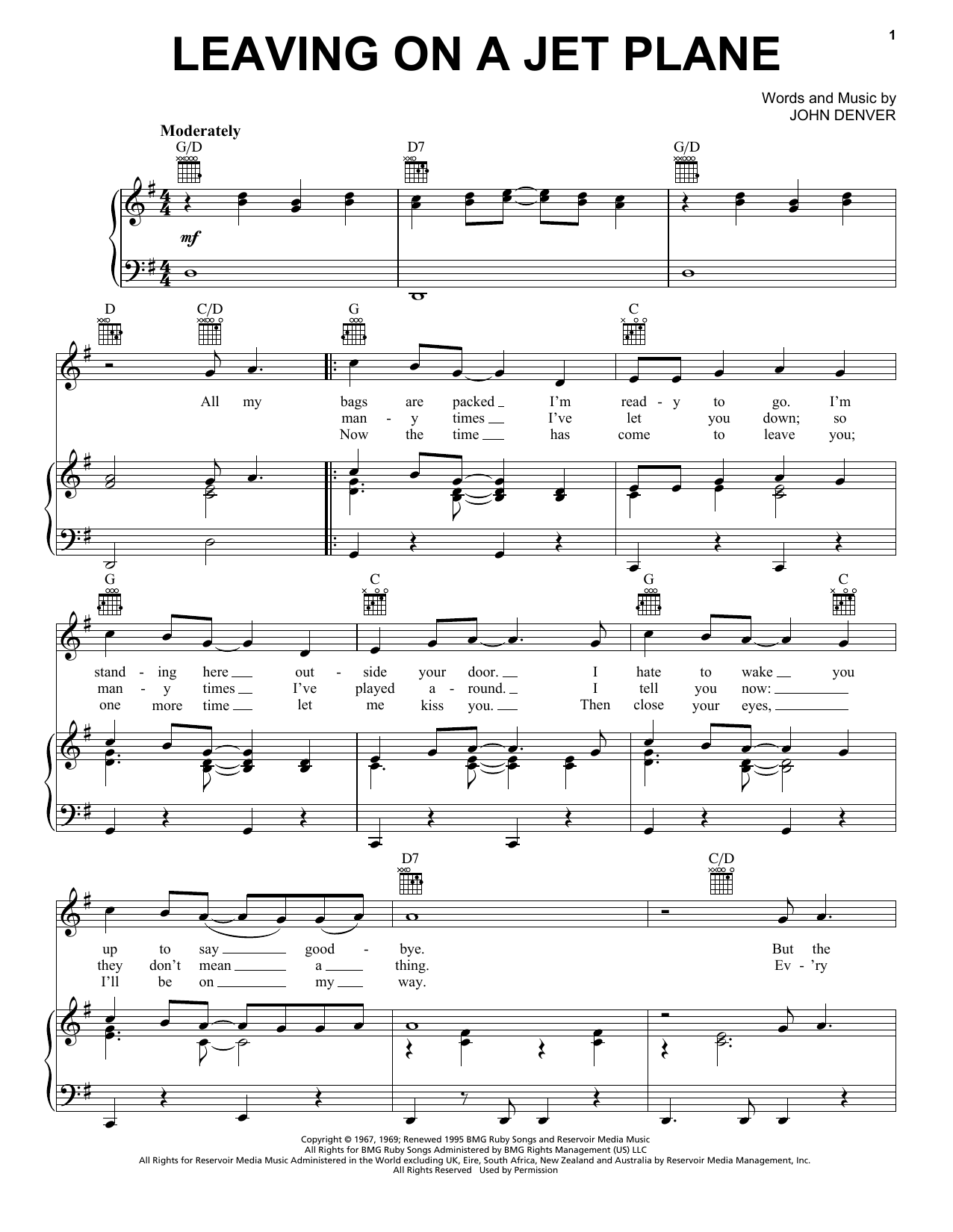 John Denver Leaving On A Jet Plane sheet music notes and chords arranged for Viola Solo