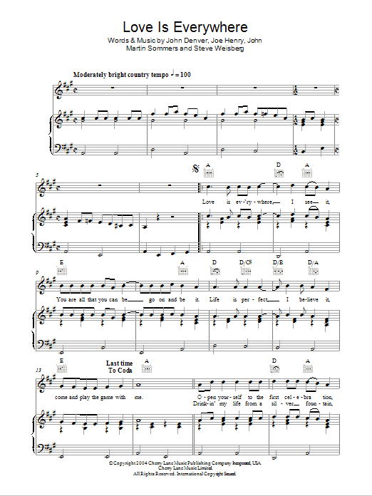 John Denver Love Is Everywhere sheet music notes and chords arranged for Piano, Vocal & Guitar Chords