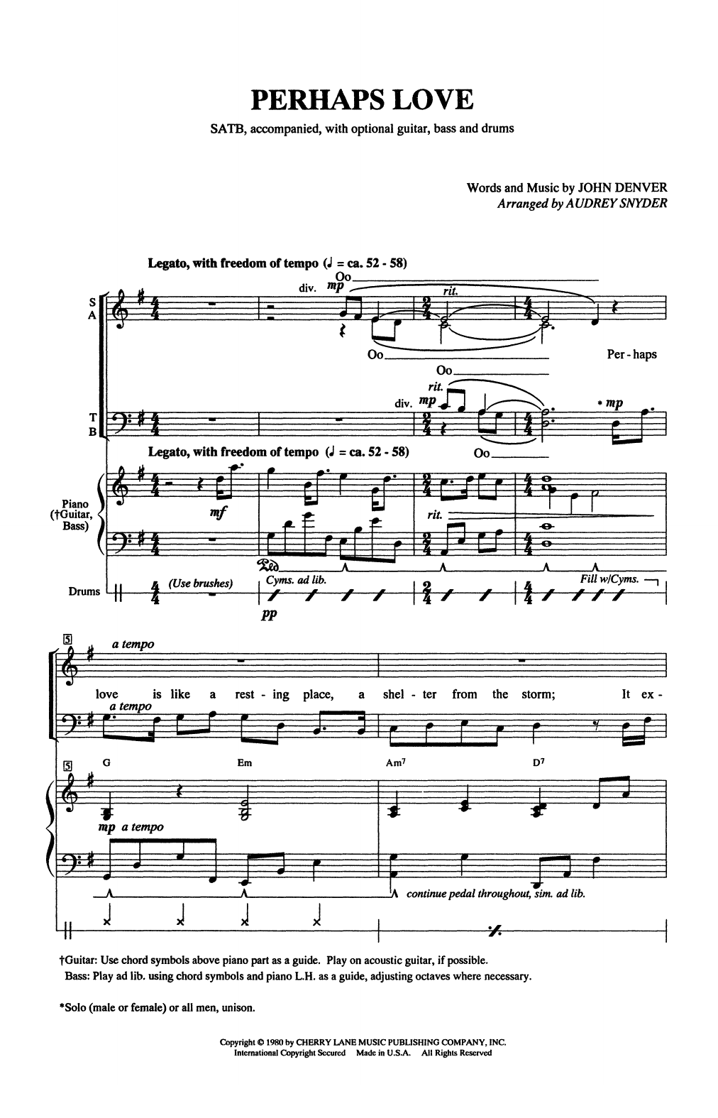 John Denver Perhaps Love (arr. Audrey Snyder) sheet music notes and chords arranged for SATB Choir