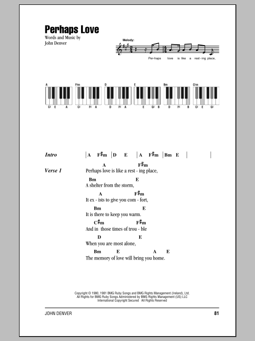 John Denver Perhaps Love sheet music notes and chords arranged for Piano, Vocal & Guitar Chords (Right-Hand Melody)