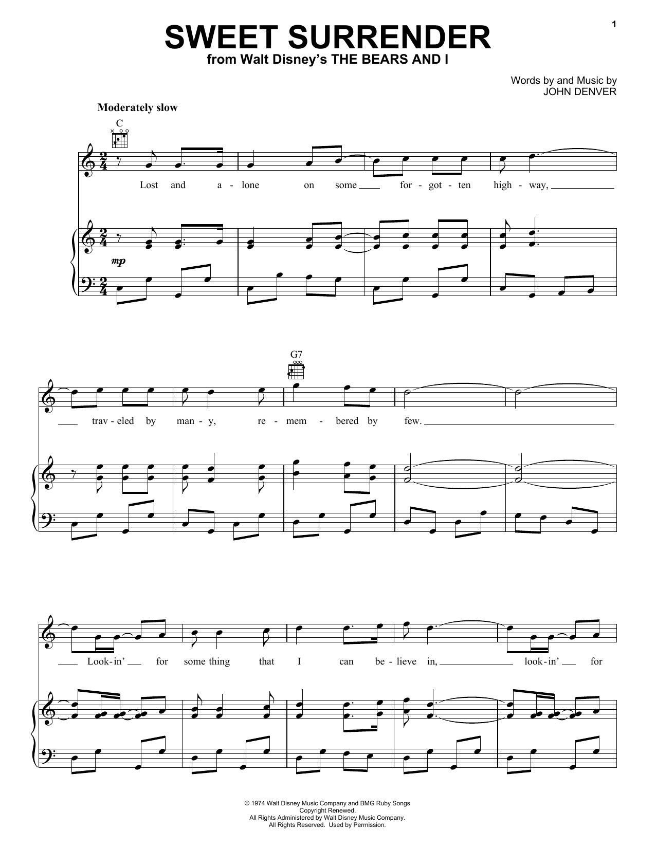 John Denver Sweet Surrender sheet music notes and chords arranged for Easy Piano