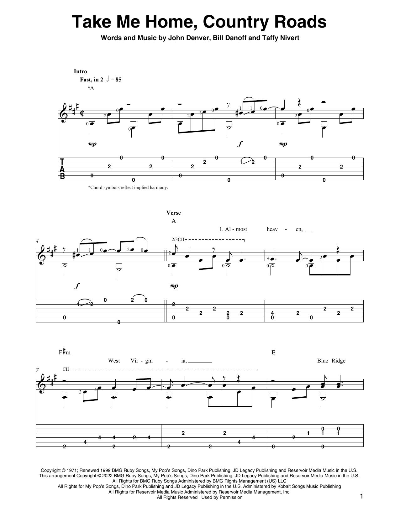 John Denver Take Me Home, Country Roads (arr. Ben Pila) sheet music notes and chords arranged for Solo Guitar