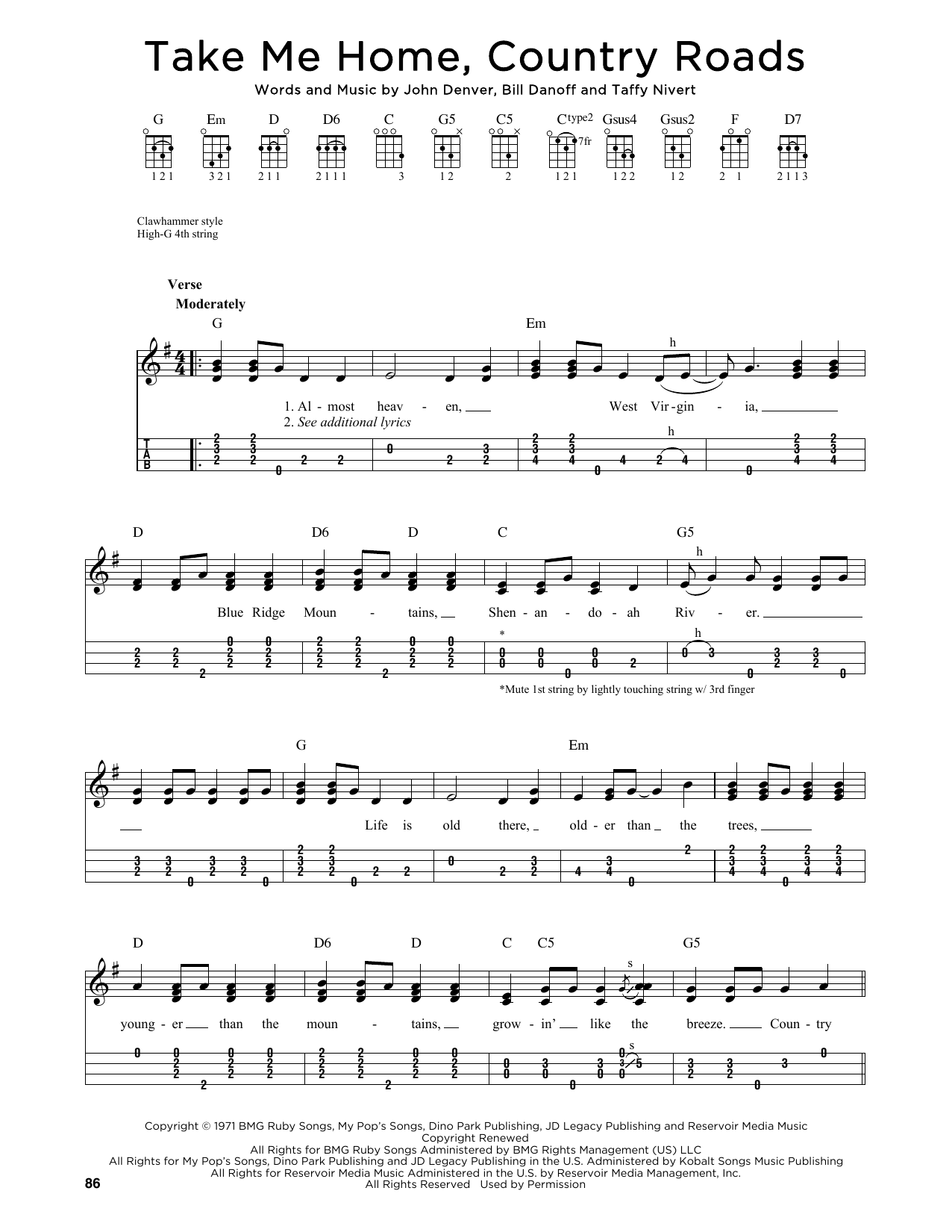 John Denver Take Me Home, Country Roads (arr. Jim Schustedt) sheet music notes and chords arranged for Ukulele