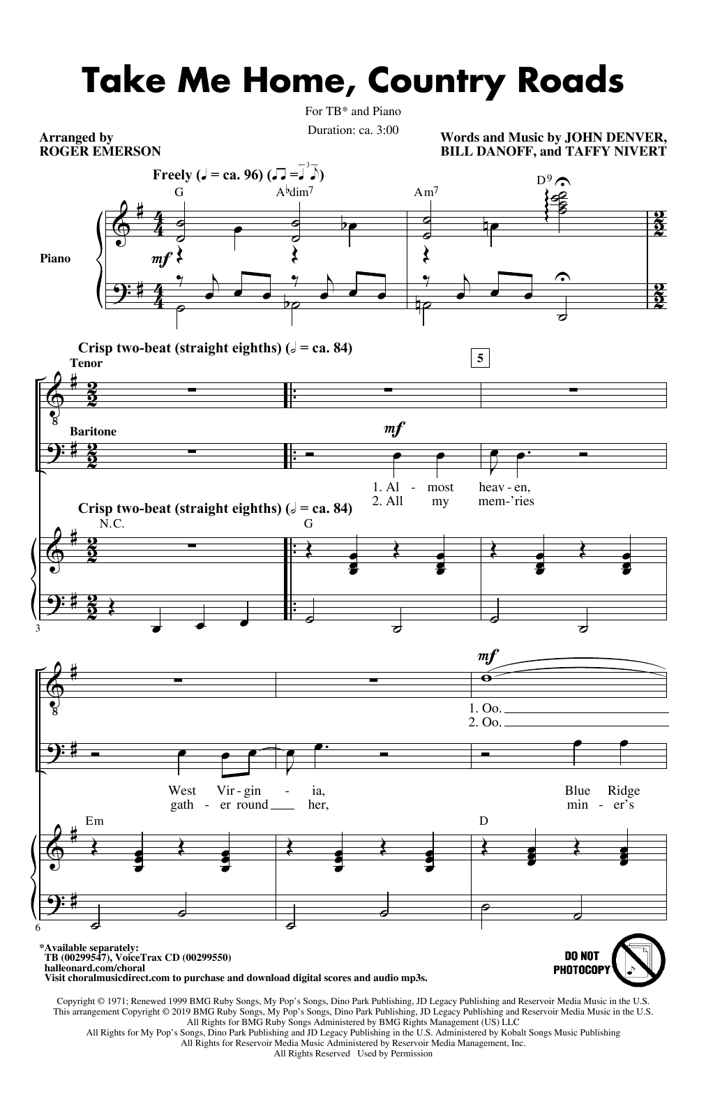 John Denver Take Me Home, Country Roads (arr. Roger Emerson) sheet music notes and chords arranged for TB Choir