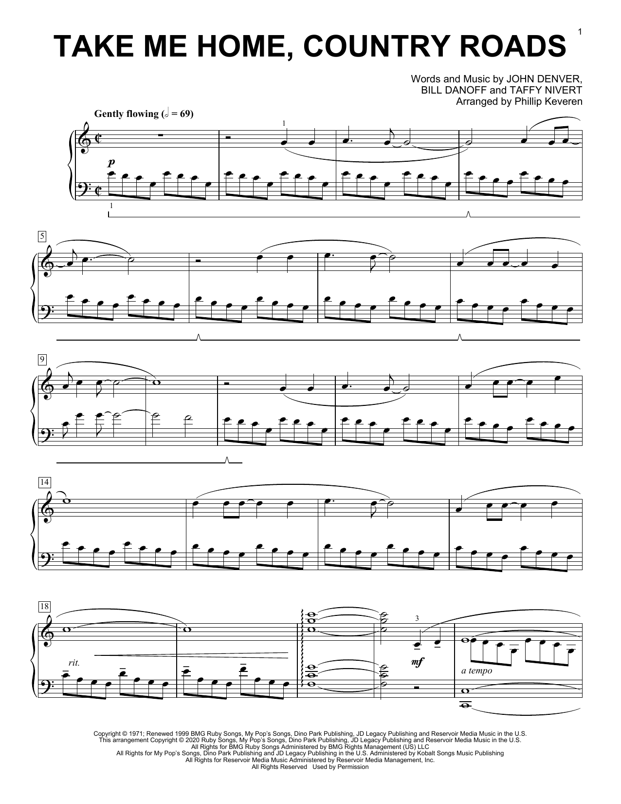 John Denver Take Me Home, Country Roads [Classical version] (arr. Phillip Keveren) sheet music notes and chords arranged for Piano Solo