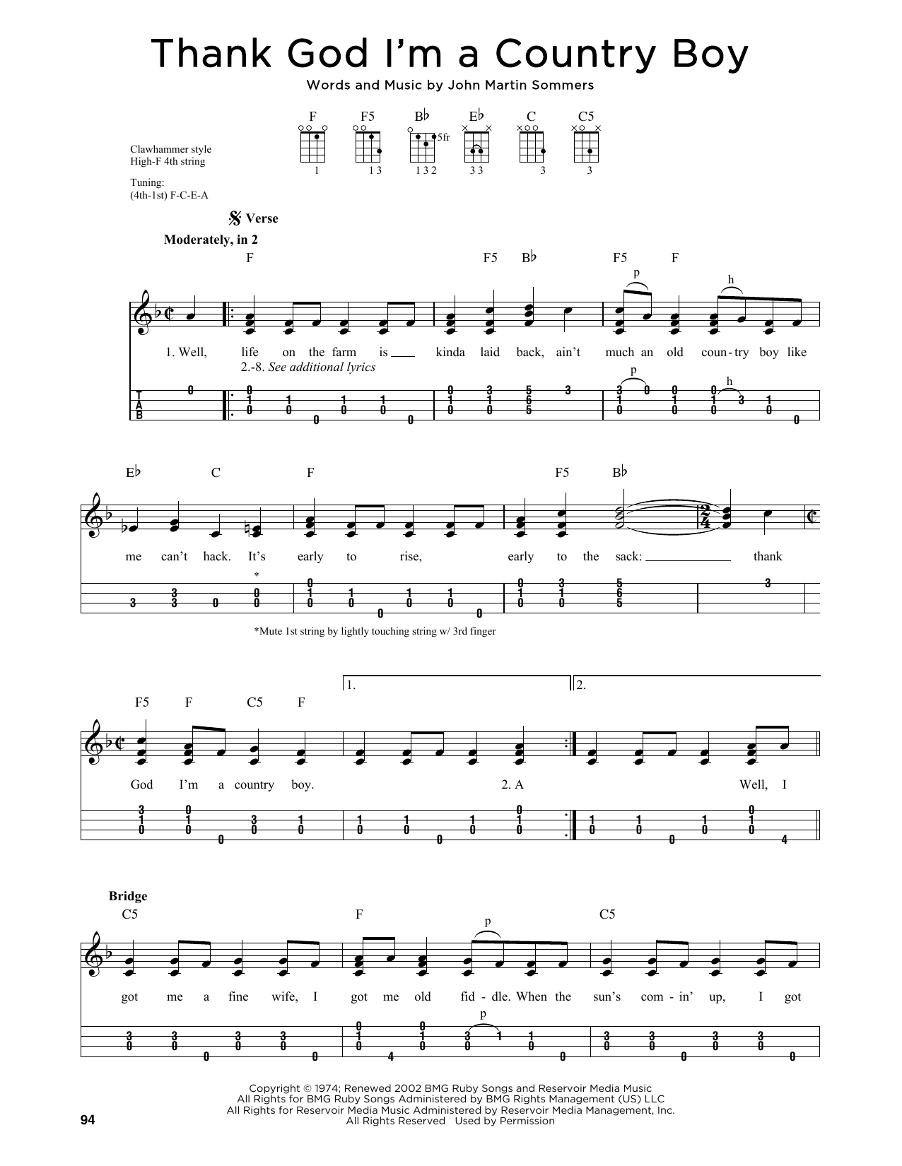 John Denver Thank God I'm A Country Boy (arr. Jim Schustedt) sheet music notes and chords arranged for Ukulele