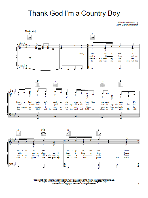 John Denver Thank God I'm A Country Boy sheet music notes and chords arranged for Piano, Vocal & Guitar Chords (Right-Hand Melody)
