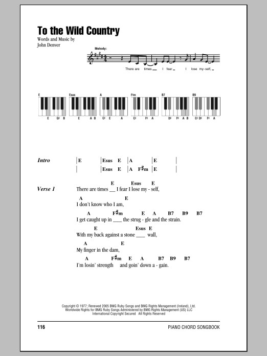 John Denver To The Wild Country sheet music notes and chords arranged for Piano Chords/Lyrics