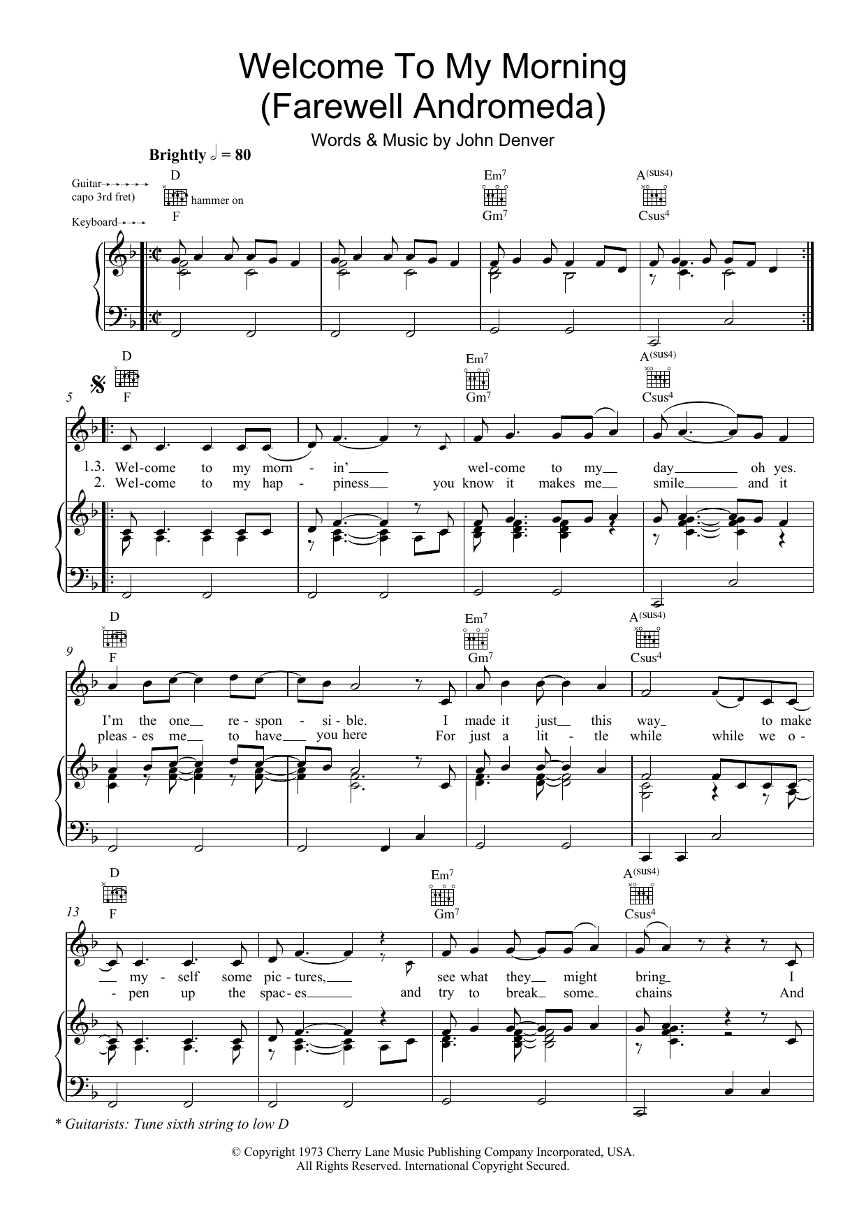 John Denver Welcome To My Morning (Farewell Andromeda) sheet music notes and chords arranged for Piano, Vocal & Guitar Chords