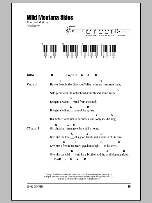 John Denver Wild Montana Skies sheet music notes and chords arranged for Ukulele Chords/Lyrics