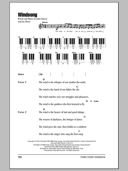 John Denver Windsong sheet music notes and chords arranged for Piano Chords/Lyrics