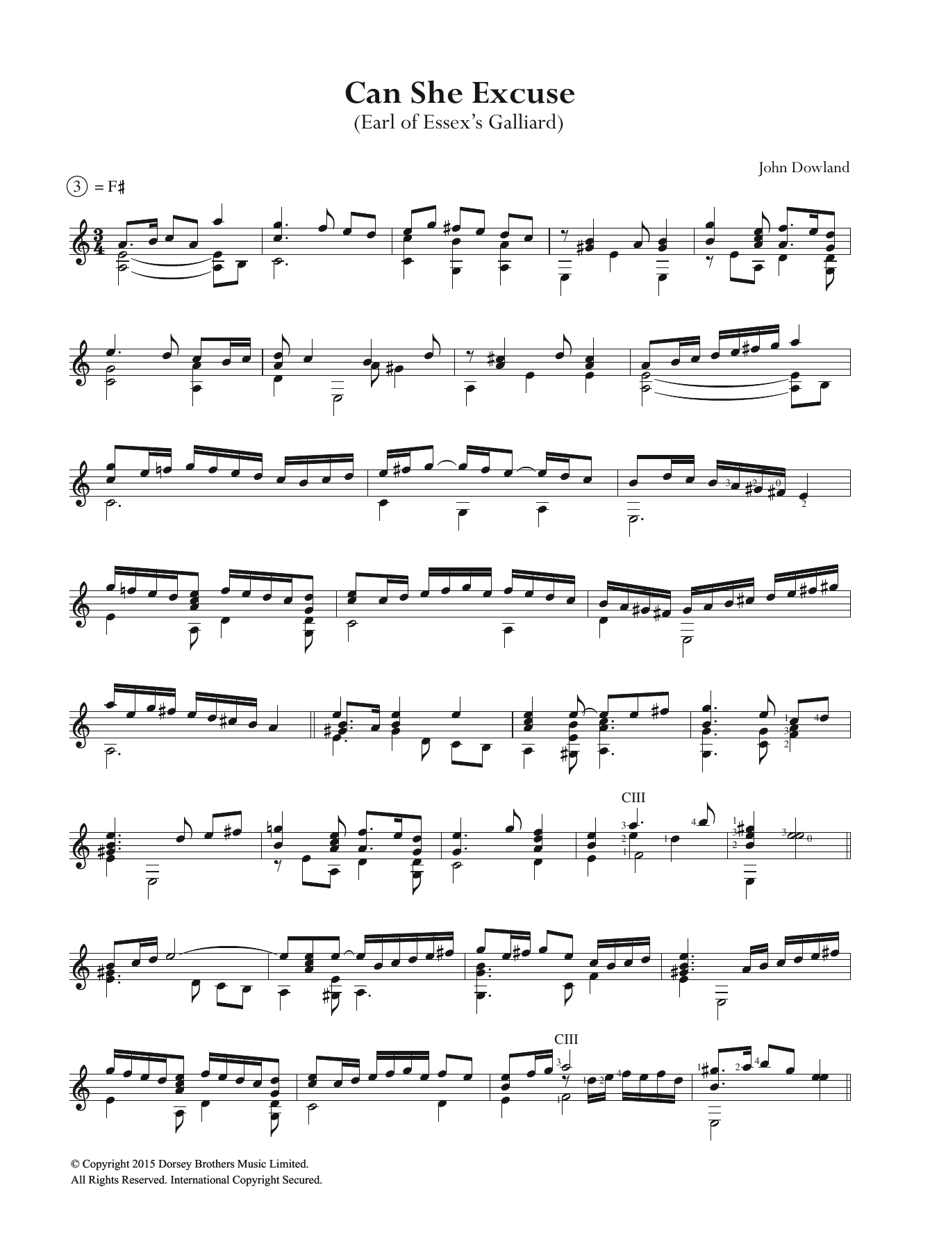 John Dowland Can She Excuse sheet music notes and chords arranged for Easy Guitar
