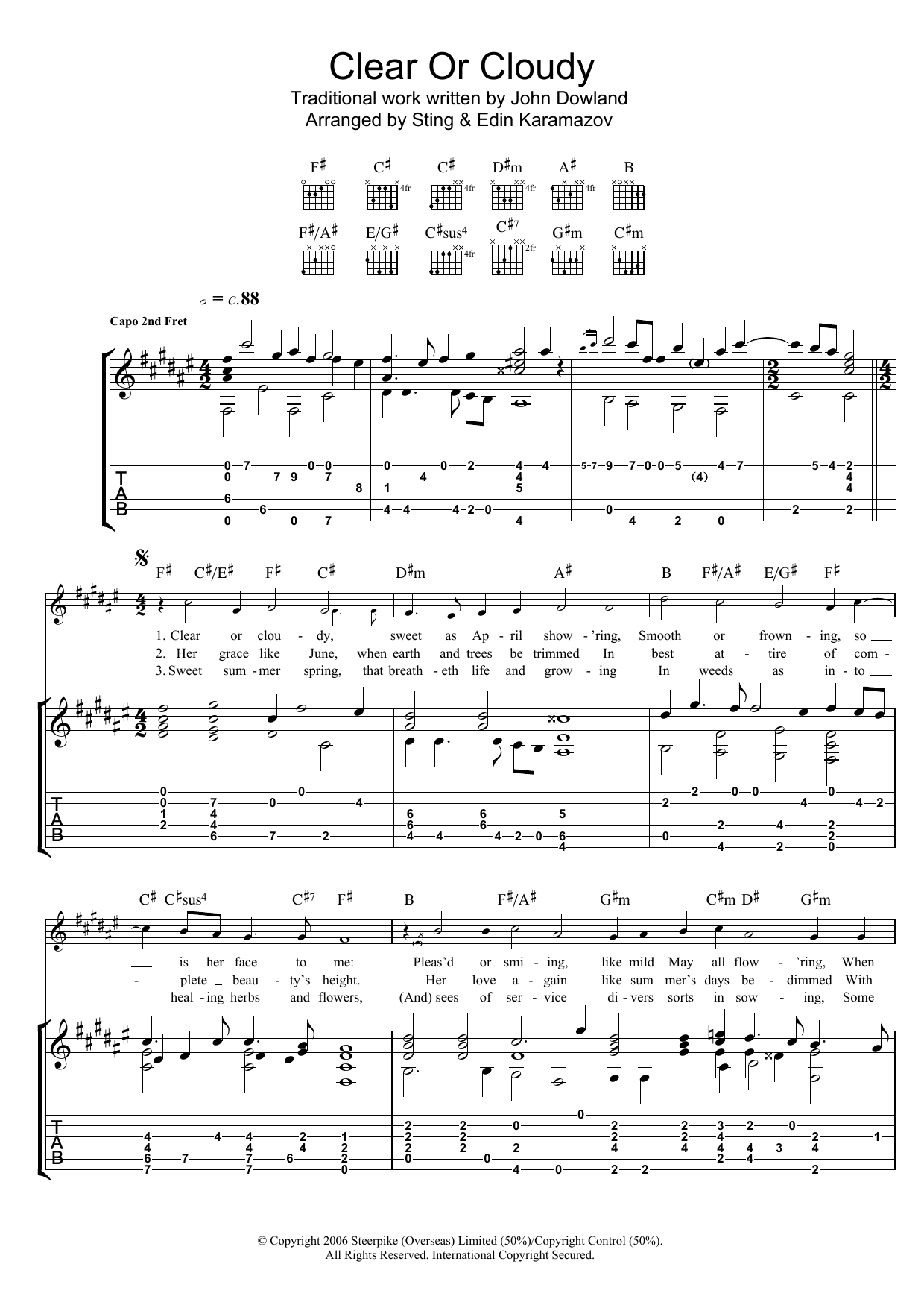 John Dowland Clear Or Cloudy (as performed by Sting and Edin Karamazov) sheet music notes and chords arranged for Guitar Tab