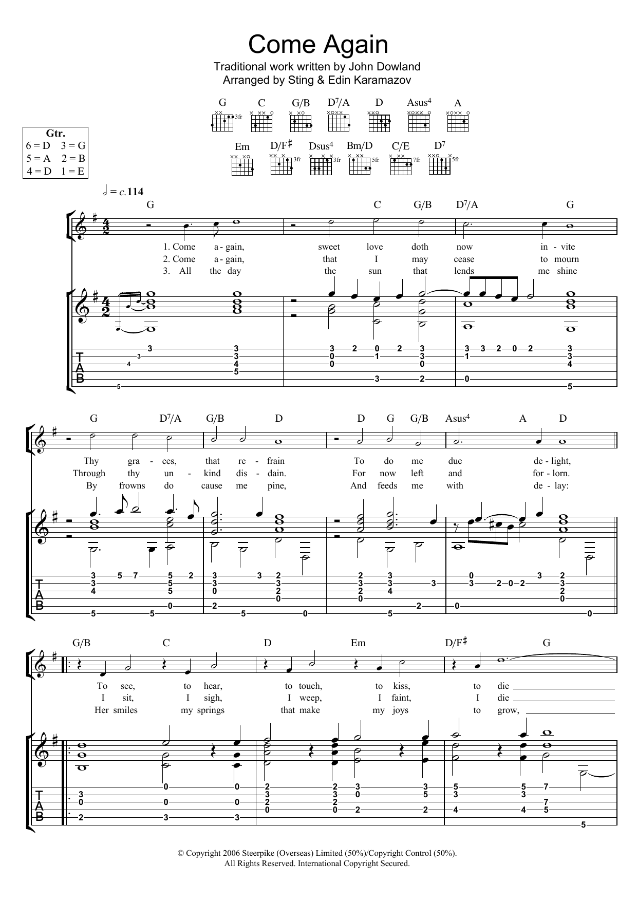 John Dowland Come Again (as performed by Sting and Edin Karamazov) sheet music notes and chords arranged for Guitar Tab