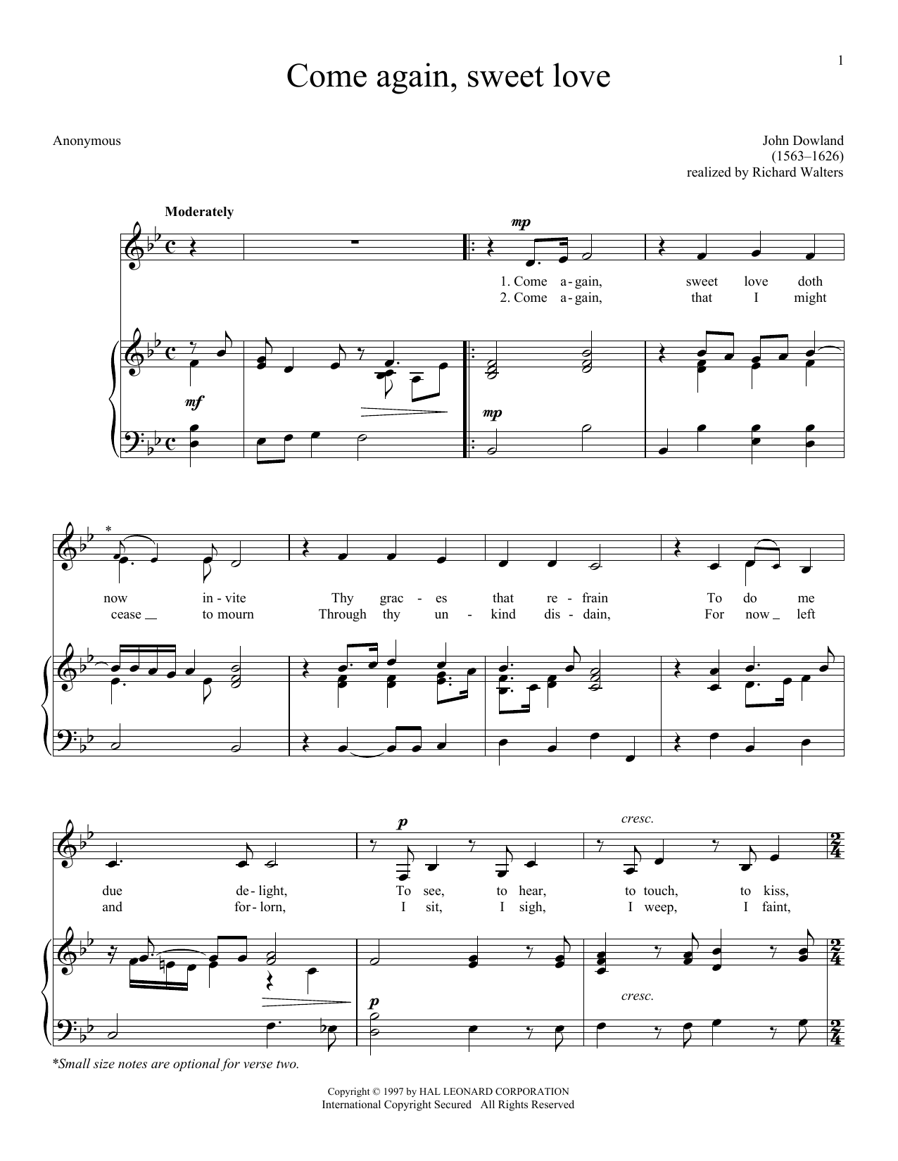 John Dowland Come Again, Sweet Love (Dowland) sheet music notes and chords arranged for Piano & Vocal