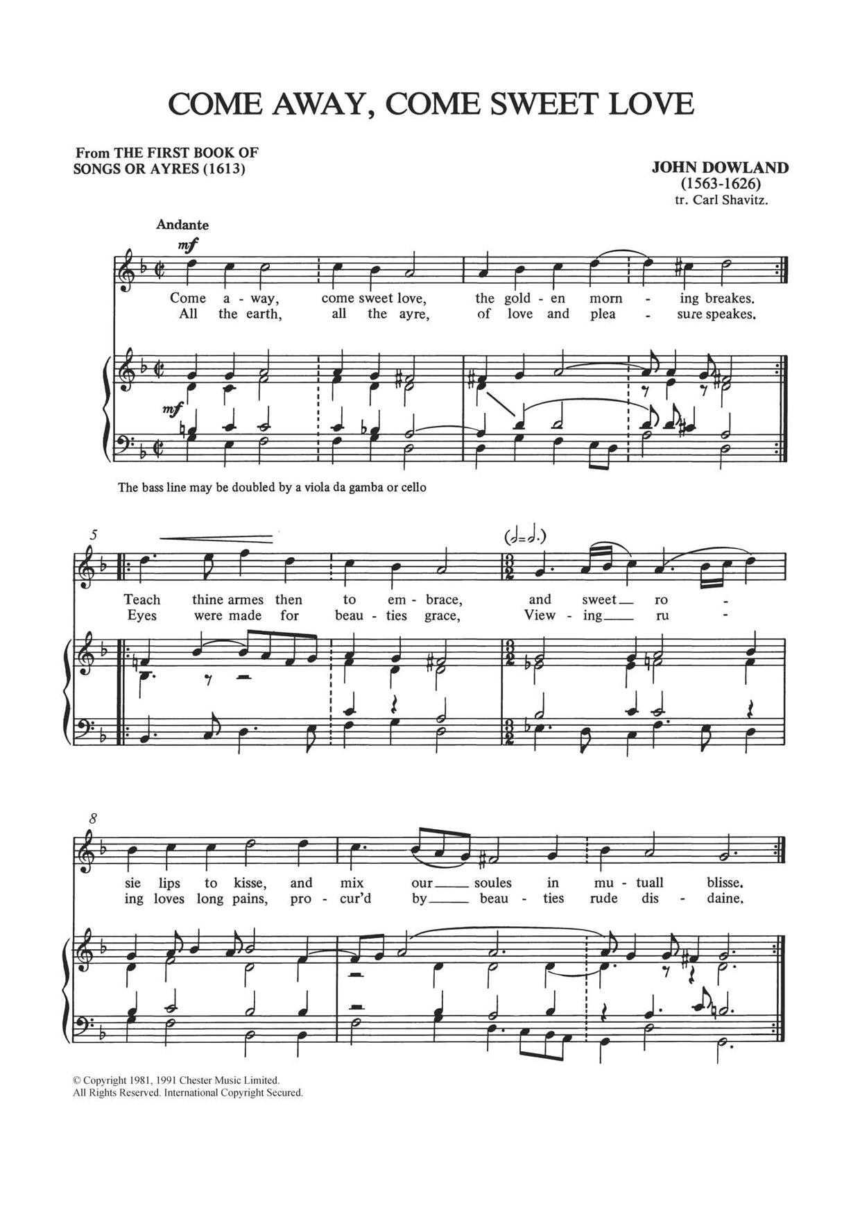 John Dowland Come Away, Come Sweet Love sheet music notes and chords arranged for Piano & Vocal