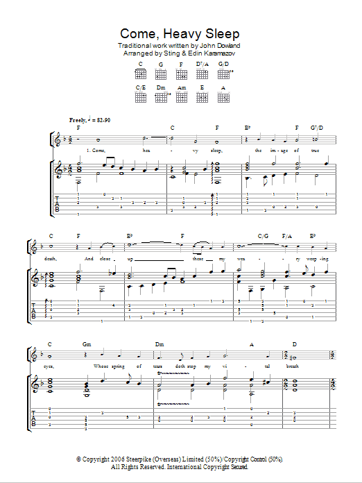 John Dowland Come, Heavy Sleep (as performed by Sting and Edin Karamazov) sheet music notes and chords arranged for Guitar Tab