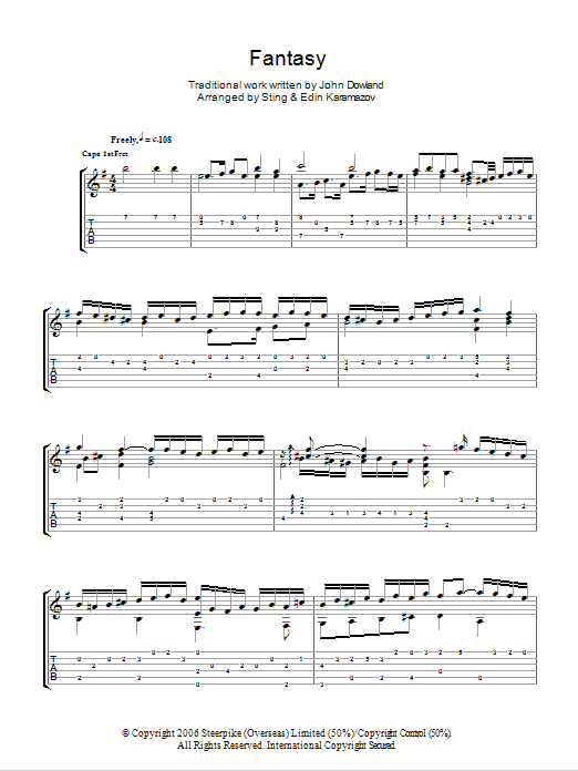 John Dowland Fantasy (as performed by Sting and Edin Karamazov) sheet music notes and chords arranged for Guitar Tab