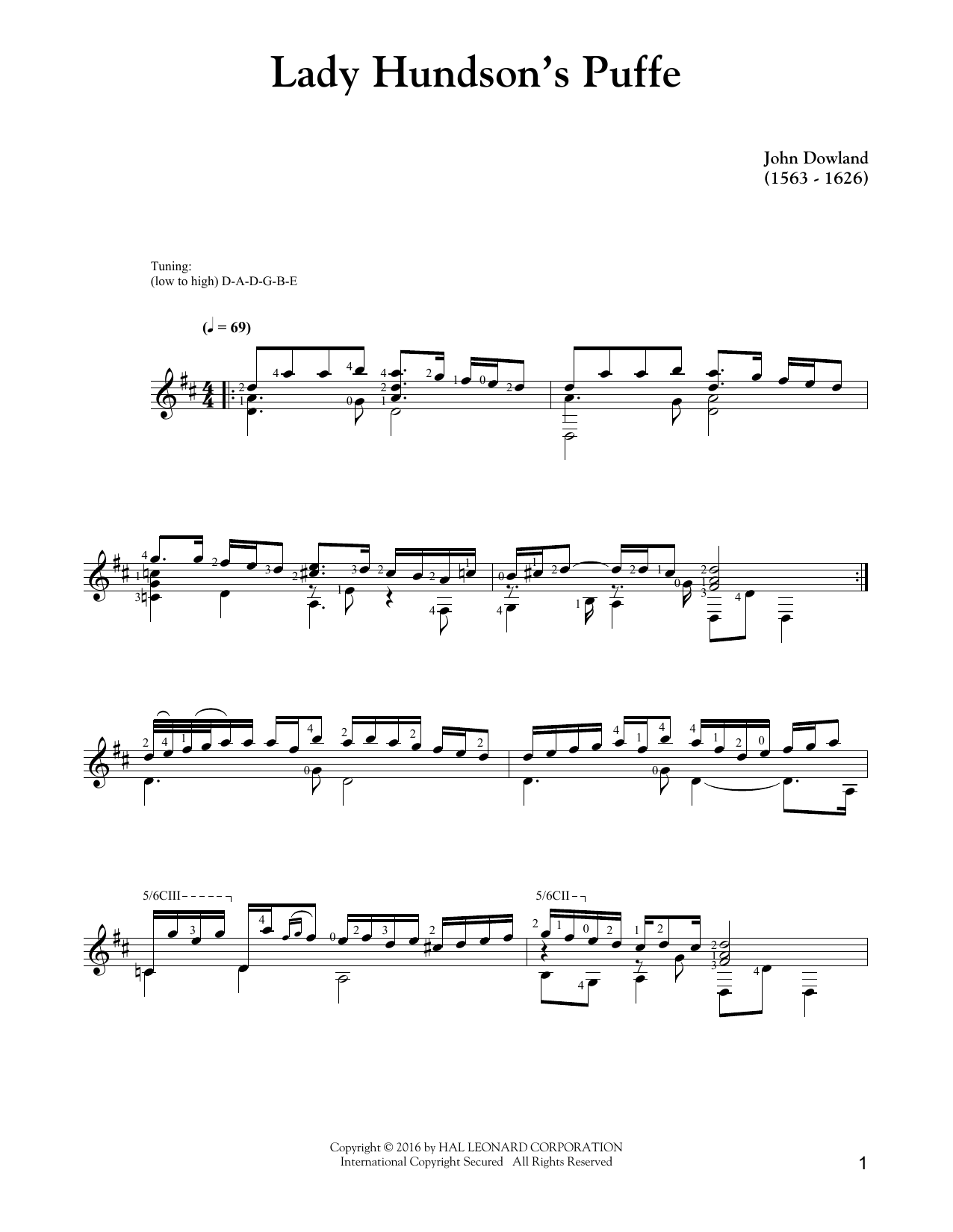 John Dowland Lady Hunsdon's Puffe sheet music notes and chords arranged for Solo Guitar