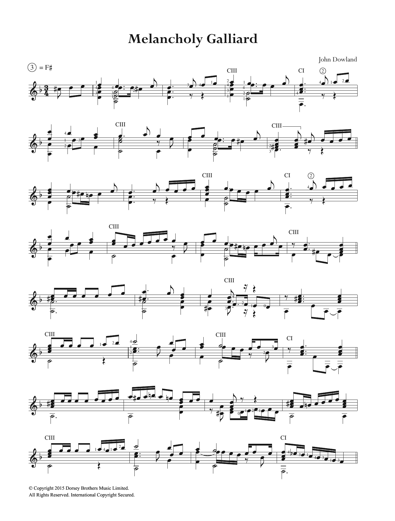 John Dowland Melancholy Galliard sheet music notes and chords arranged for Easy Guitar