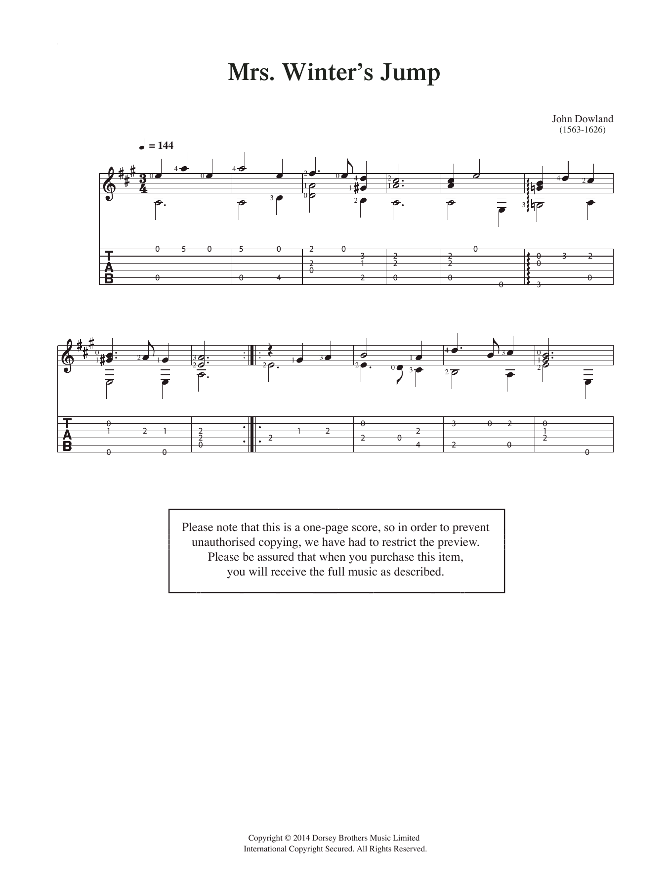 John Dowland Mrs Winter's Jump sheet music notes and chords arranged for Easy Guitar