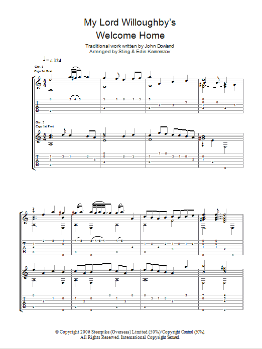 John Dowland My Lord Willoughby's Welcome Home (as performed by Sting and Edin Karamazov) sheet music notes and chords arranged for Guitar Tab