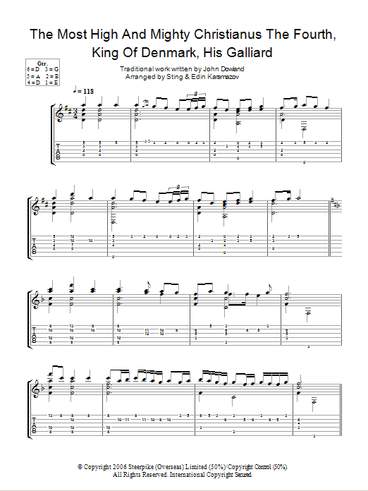 John Dowland The Most High And Mighty Christianus The Fourth... (as performed by Sting and Edin Karamazov) sheet music notes and chords arranged for Guitar Tab