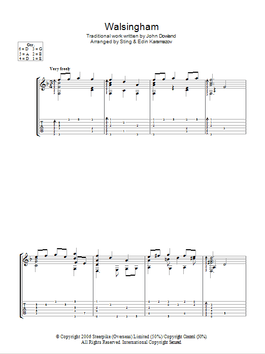 John Dowland Walsingham (as performed by Sting and Edin Karamazov) sheet music notes and chords arranged for Guitar Tab