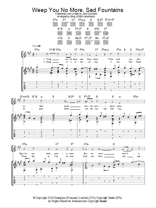 John Dowland Weep You No More, Sad Fountains (as performed by Sting and Edin Karamazov) sheet music notes and chords arranged for Guitar Tab