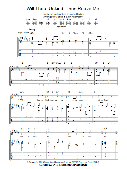 John Dowland Wilt Thou Unkind Thus Reave Me (as performed by Sting and Edin Karamazov) sheet music notes and chords arranged for Guitar Tab
