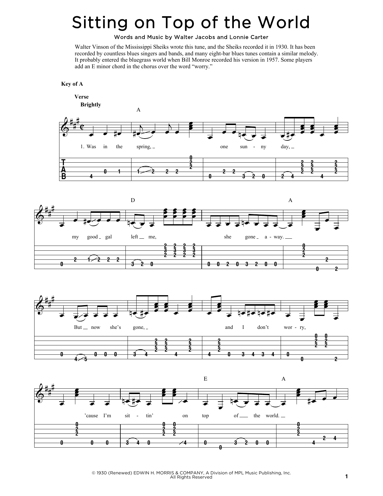 John Duffey Sitting On Top Of The World (arr. Fred Sokolow) sheet music notes and chords arranged for Solo Guitar