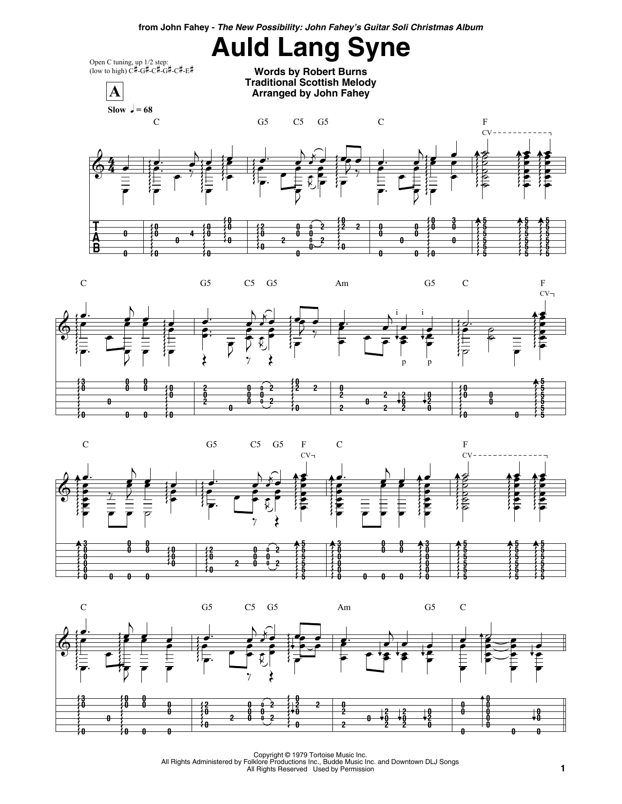 John Fahey Auld Lang Syne sheet music notes and chords arranged for Guitar Tab