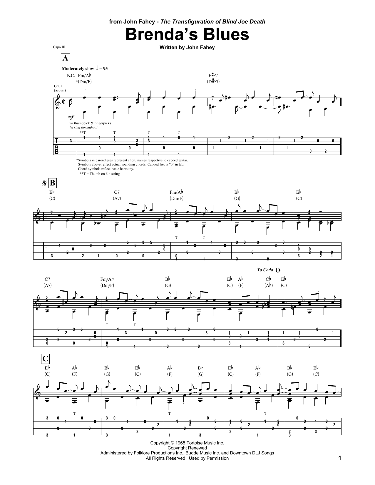 John Fahey Brenda's Blues sheet music notes and chords arranged for Guitar Tab