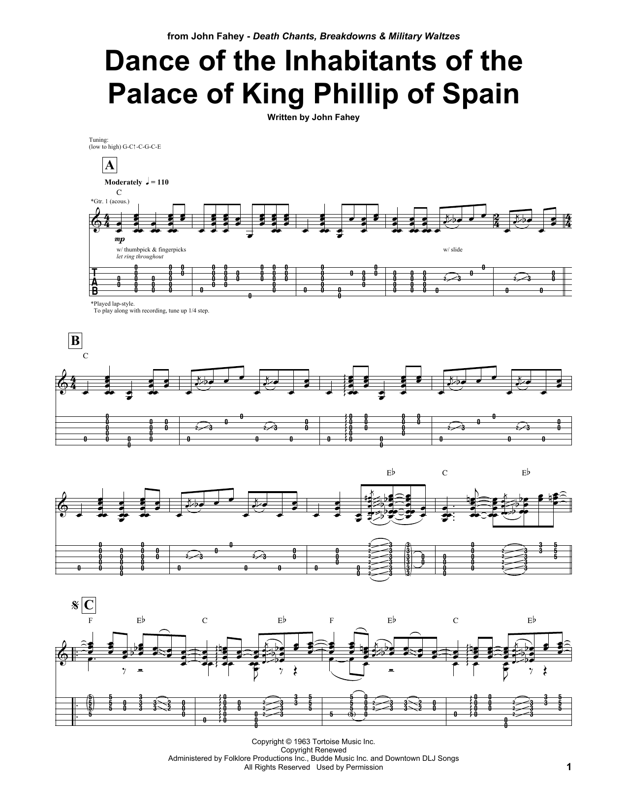 John Fahey Dance Of The Inhabitants Of The Palace Of King Philip Of Spain sheet music notes and chords arranged for Guitar Tab
