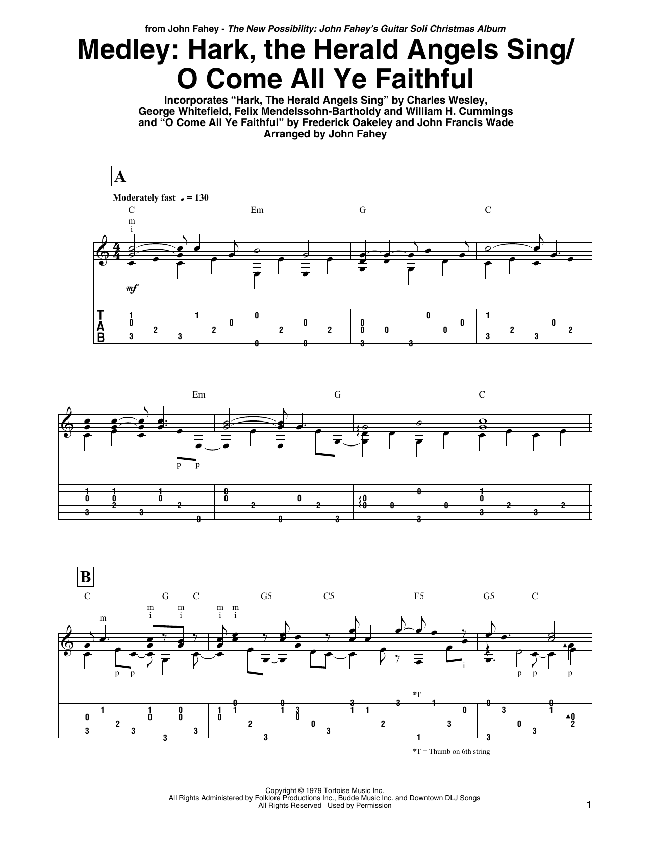 John Fahey Hark, The Herald Angels Sing / O Come All Ye Faithful - Medley sheet music notes and chords arranged for Guitar Tab