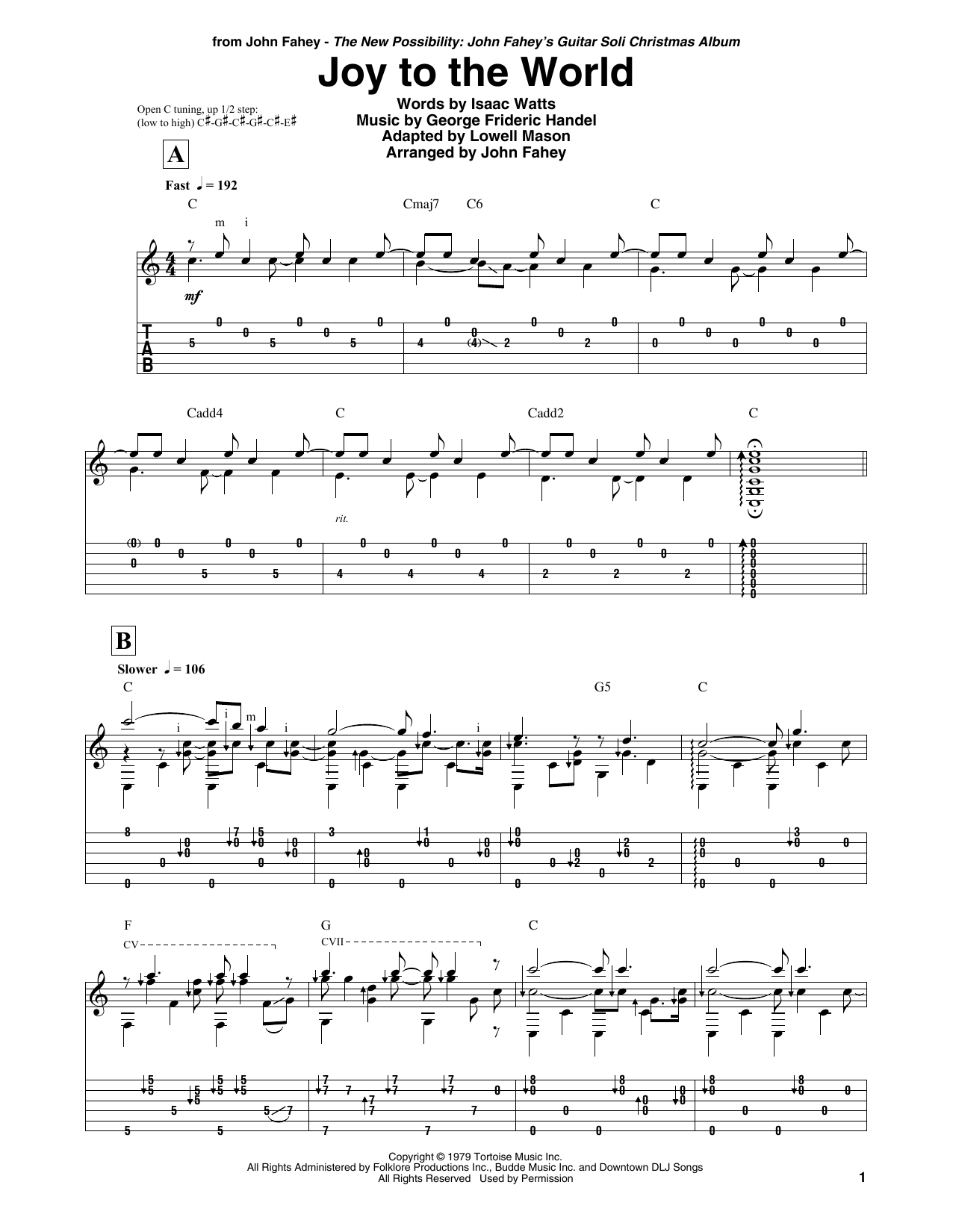 John Fahey Joy To The World sheet music notes and chords arranged for Guitar Tab