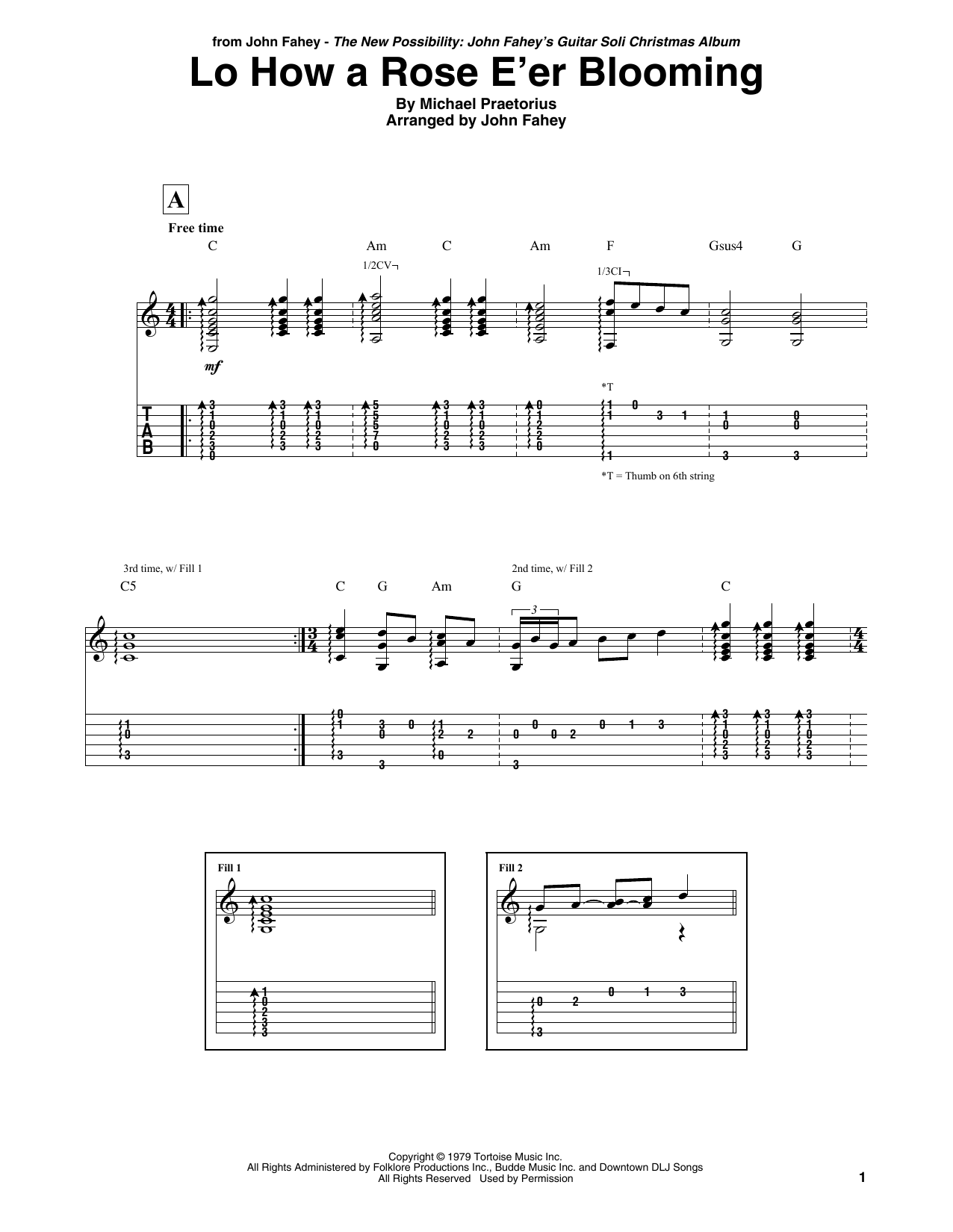 John Fahey Lo How A Rose E'er Blooming sheet music notes and chords arranged for Guitar Tab