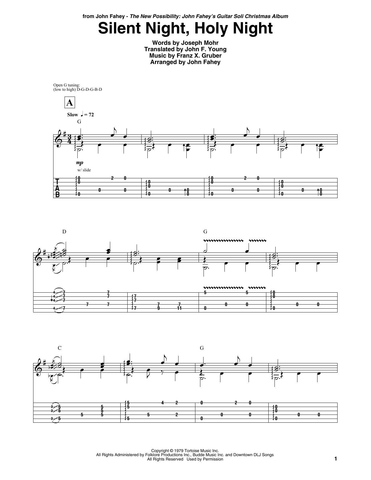 John Fahey Silent Night, Holy Night sheet music notes and chords arranged for Guitar Tab