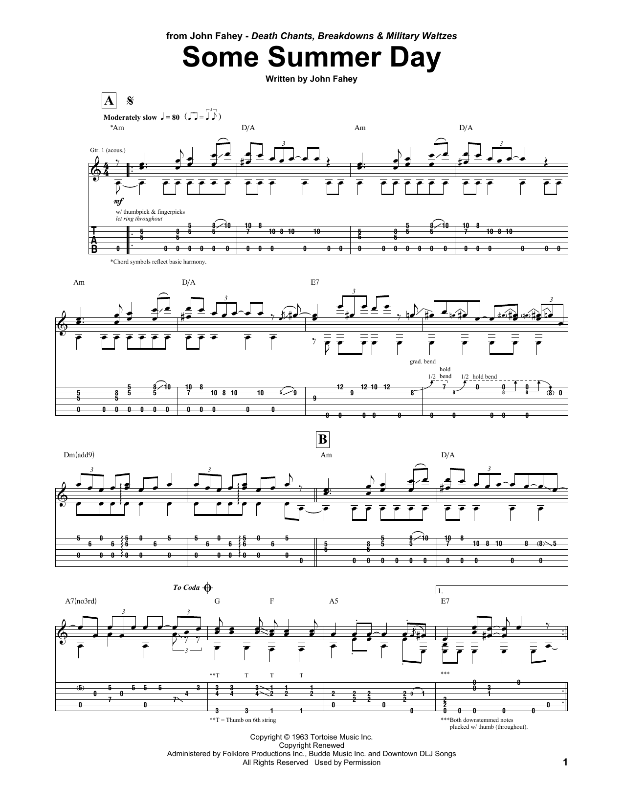John Fahey Some Summer Day sheet music notes and chords arranged for Guitar Tab