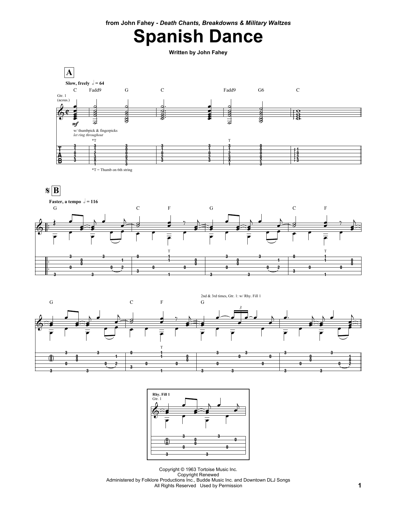 John Fahey Spanish Dance sheet music notes and chords arranged for Guitar Tab