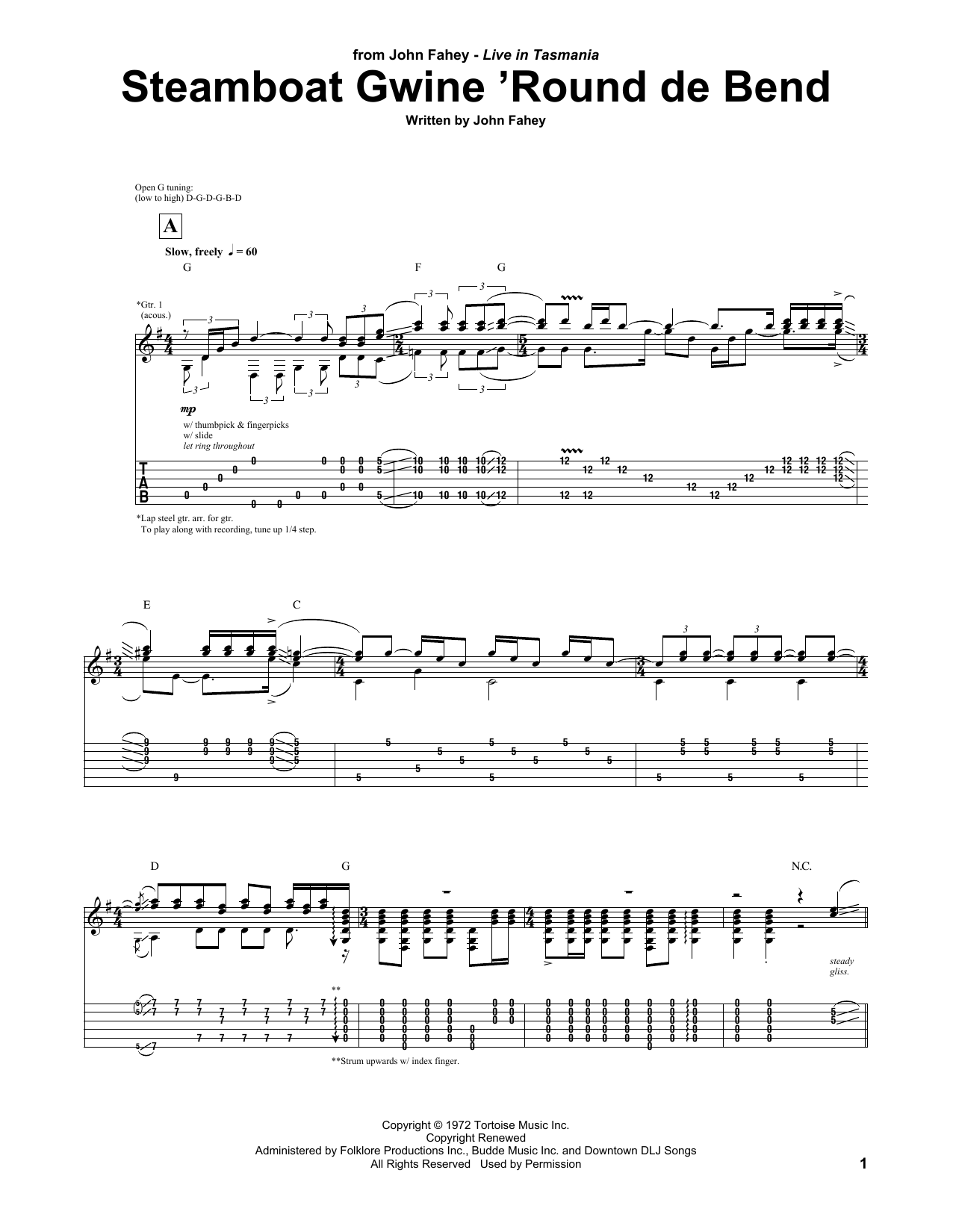 John Fahey Steamboat Gwine 'Round De Bend sheet music notes and chords arranged for Guitar Tab