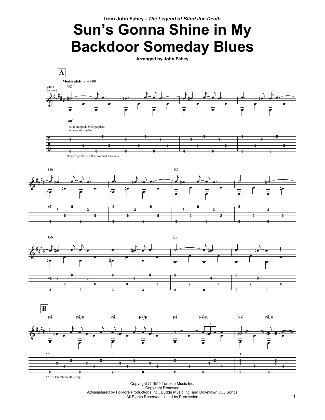 John Fahey Sun's Gonna Shine In My Backdoor Someday Blues sheet music notes and chords arranged for Guitar Tab