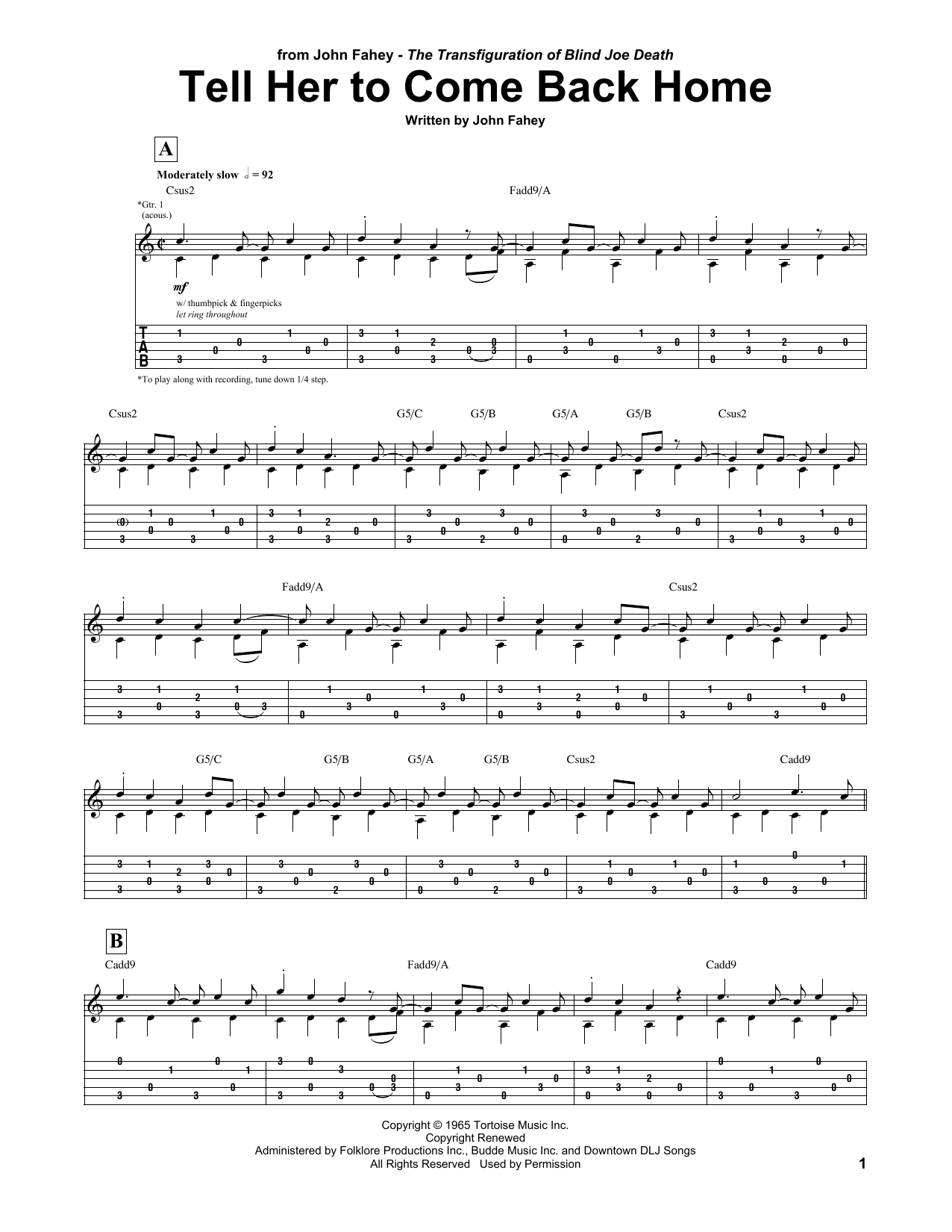 John Fahey Tell Her To Come Back Home sheet music notes and chords arranged for Guitar Tab