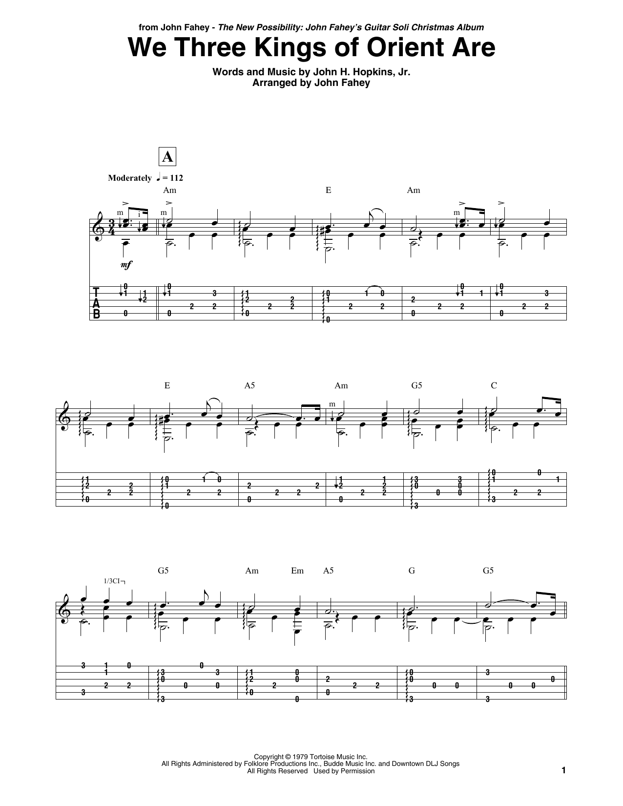 John Fahey We Three Kings Of Orient Are sheet music notes and chords arranged for Guitar Tab